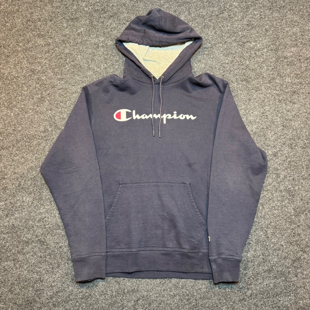 Champion Mens Script Logo Pullover Hoodie Navy Blue Size Medium